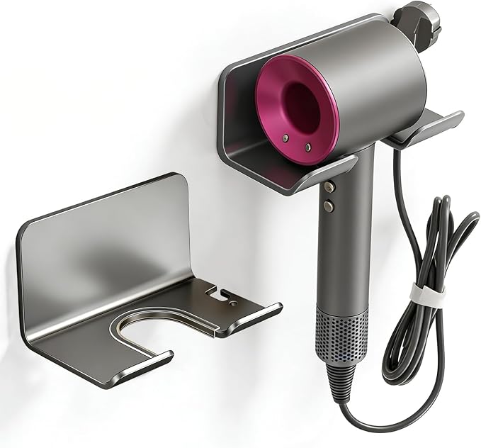Aluminum Hair Dryer Holder Wall Mount,Self-Adhesive Blow Dryer Hanger with Cord Organizer & Anti-Scratch Strip, No Drilling for Bathroom Cabinet Door Vanity, Universal Fit for All Hair Dryers