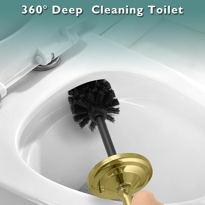 Gold Toilet Brush and Holder Set，Toilet Bowl Brush and Holder | Heavy Duty Toilet Brush for Bathroom, Stainless Steel Toilet Cleaner Brush,Deep Cleaning,Space Saving,Covered Brush
