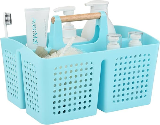 Portable Shower Caddy Basket with Wood Handle, 3-Compartment Bathroom Organizer Tote with Drain Holes, Plastic Shower Basket for Dorm, Toiletries, Cleaning Supplies, Light Blue