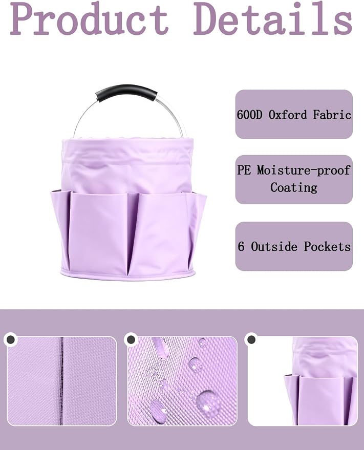 Cleaning Caddy with Handle, Cleaning Products Organiser, Foldable Storage Basket, Large Supply Organiser 17L with 6 Pockets, Portable Cleaning Caddy for Home & Garden (Purple)