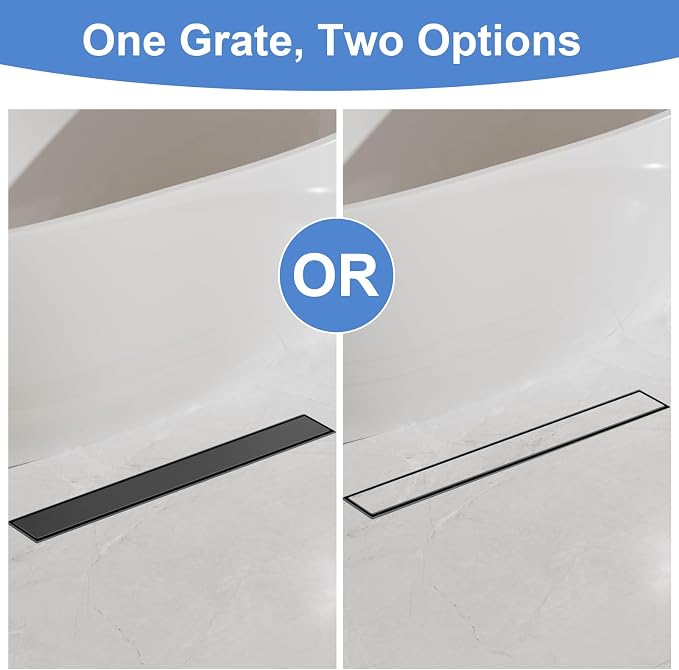 32-Inch Linear Shower Drain with Tile Insert Grate, SUS 304 Stainless Steel Linear Drain, Matte Black Long Rectangle Shower Floor Drain with Leveling Feet, Hair Strainer, Fits Bathroom