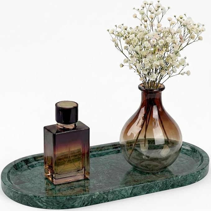 YKAJO Jade Green Oval Marble Tray, 11.8x5.9 Vanity Perfume Organizer Dish | Honed natural stone; jewelry & trinket dish, ring & key holder, soap & candle catchall; bath counter, dresser, coffee table