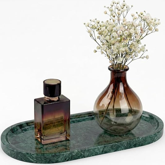 YKAJO Jade Green Oval Marble Tray, 11.8x5.9 Vanity Perfume Organizer Dish | Honed natural stone; jewelry & trinket dish, ring & key holder, soap & candle catchall; bath counter, dresser, coffee table