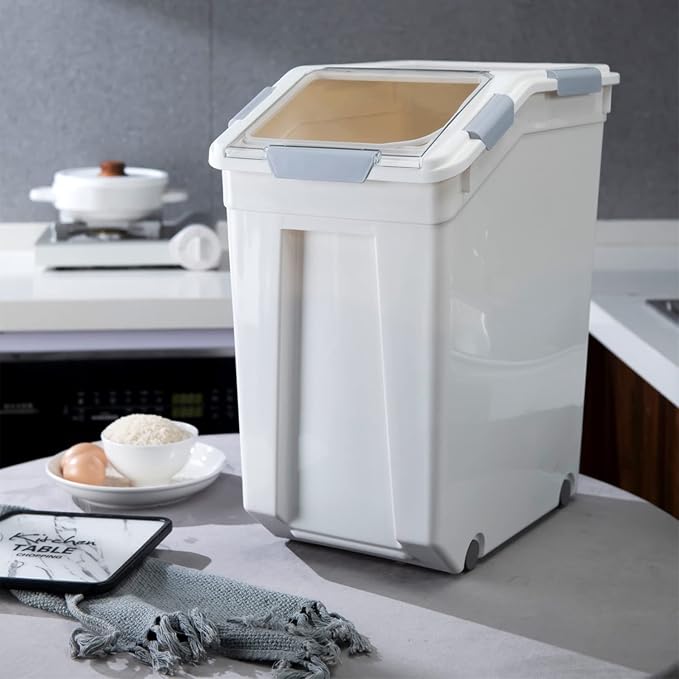 33 Liter / 50 lbs Rice Storage Container with Measuring Cup, BPA free, For Rice | Grain | Pet Food | Flour, 2 count, White