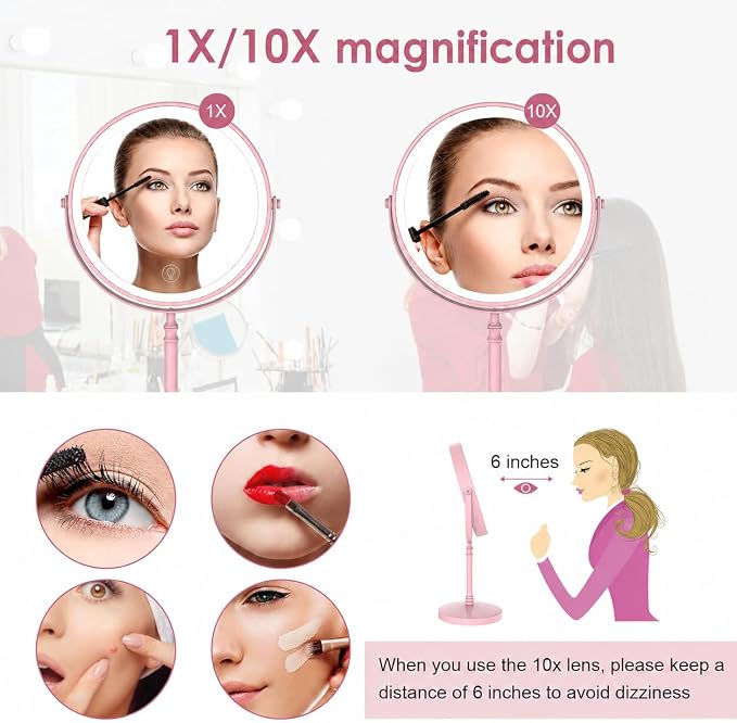 DEIOVWXS Makeup Mirror, Rechargeable Vanity Mirror with 3 Lights, 1X/10X | Adjustable Brightness, 3000mAh, Double-Sided, Gift for Mom, Women, Wife, Girls, Dorm Room Essential