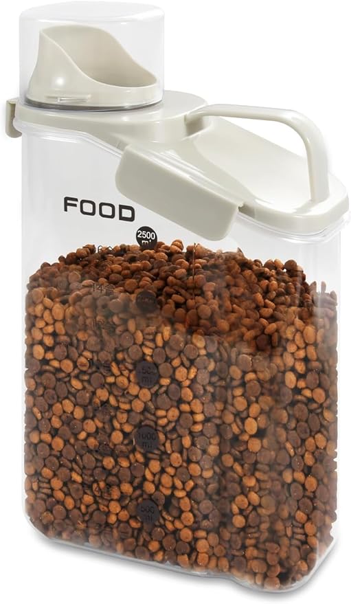 Pet Food Storage Container with Large Pour Spout, White | Dog Food Container with Measuring Cups, Keep Food Fresh, Portable Cat Food Container for Dogs, Cats, Birds and Small Animals