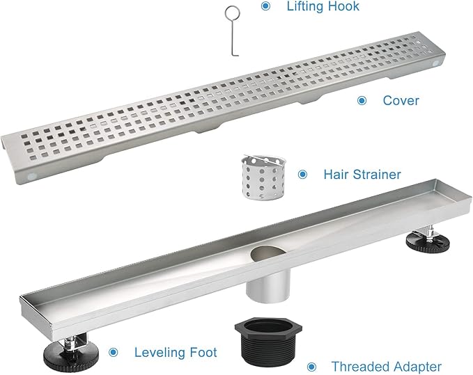 Linear Shower Drain, Shower Drain 28 inch with Removable Grate Cover, Professional AISI 304 Stainless Steel Shower Floor Drain, Shower Drain with Hair Catcher and Leveling Feet