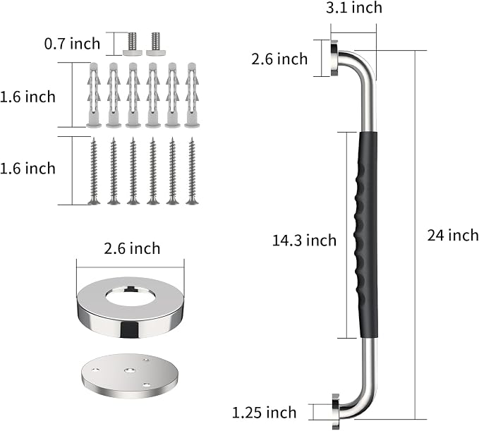 Anti-Slip Chrome Bathroom Grab Bar 24 inch, iMomwee Stainless Steel Shower Handrail for Elderly, Wall Mounted Safety Handicap Bars, Balanced Support Handle Bar for Senior