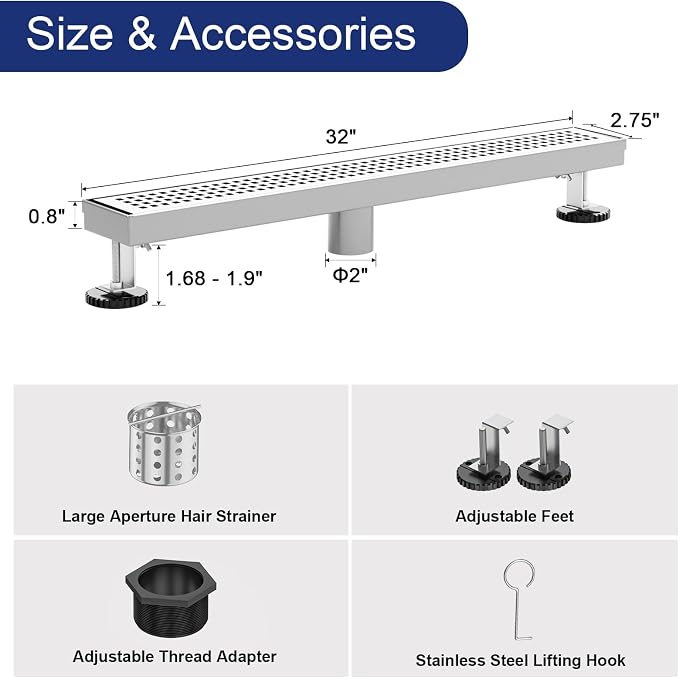 Linear Shower Drain | 32 Inch AISI 304 Stainless Steel Shower Drain, Brushed Nickel Linear Drain with Removable Quadrato Grate Cover & Adjustable Feet, Rectangle Floor Drain, in Bathroom Balcony etc