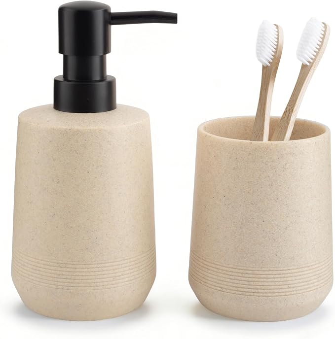 Resin Bathroom Accessory Set, Soap Dispenser and Toothbrush Holder, Beige | 2 Piece Bathroom Accessories Set for Bathroom Countertop Storage and Housewarming Gifts