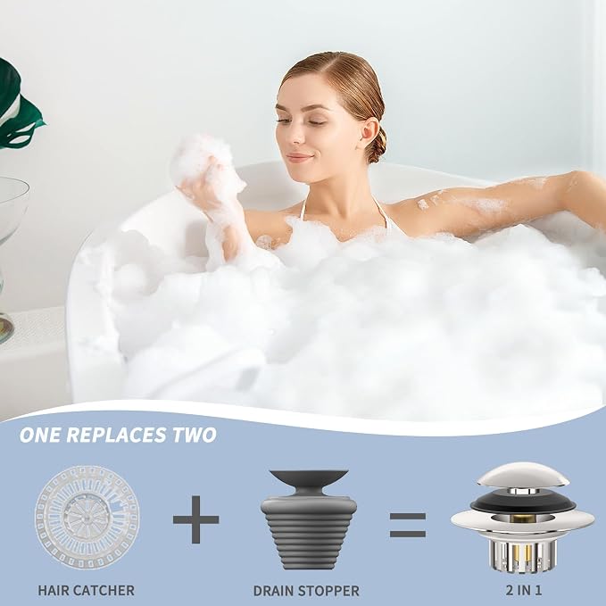 Universal 3 in 1 Bathtub Drain Stopper Bathtub, Pop-up Tub Stopper with Effective Filter Basket, Anti-Clogging Bathtub Drain Plug Bath Tub Stoppers for 1.45-1.8" Drain Shoe, Brushed Nickel