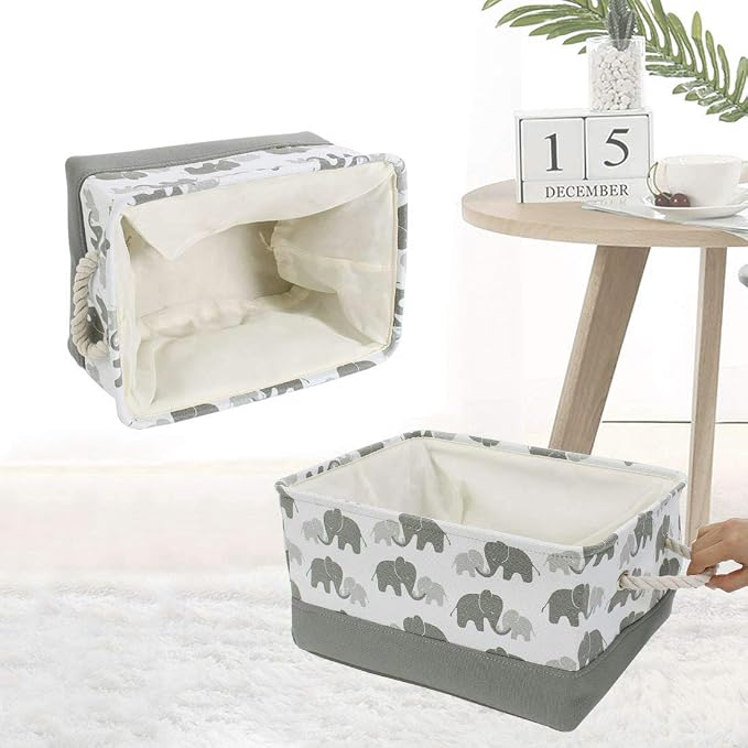 Storage Bins,Fabric Storage Baskets Towel Storage Bin Laundry Toy Basket w Drawstring Closure,Gray Elephant