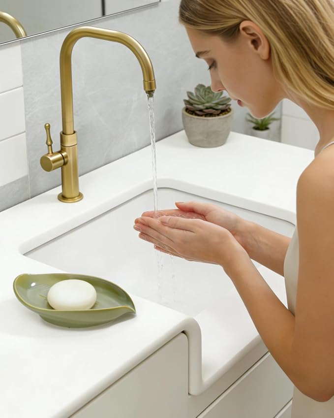 Soap Holder, Self-Draining Soap Dish, Leaf Shape Ceramic Bar Soap Holder Drain Soap Dishes for Bathroom Sink Kitchen, Easy to Clean Keeps Soap Dry, Olive Green, ANTIS'S HOME
