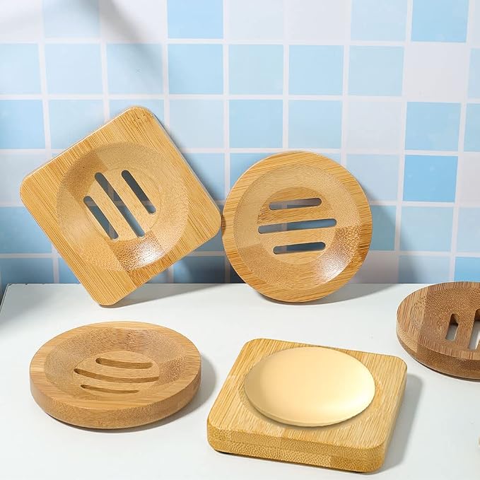 12 Pcs Bamboo Soap Dishes, Wooden Soap Tray Soap Holder, Shampoo Bar Holder Bar Soap Holder for Bathroom, Kitchen (Square & Round)