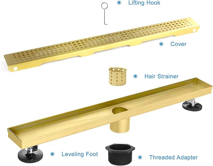Linear Shower Drain, 24 inch Gold Drain with Removable Grate Cover, Brushed 304 Stainless Steel Shower Floor Drain, Linear Drain with Hair Strainer and Adjustable Feet