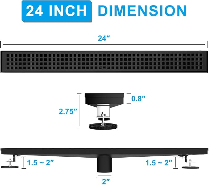 24 Inch Black Linear Shower Drain, Rectangular Shower Floor Drains with Square Hole Cover, 304 Stainless Steel Linear Drain with Leveling Feet, Hair Strainer (Matte Black)