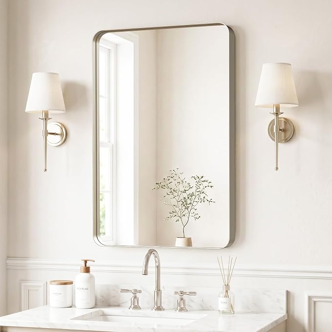 Kosmonia 30"x20" Bathroom Mirror, Large Brushed Nickel Vanity Mirror | Rounded Rectangle, Anti-Rust Wall Mounted, Aluminum Frame, Tempered Glass, Hangs Horizontally or Vertically