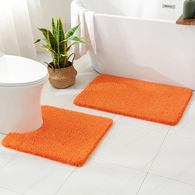 MIULEE Fall Orange Bathroom Rugs Set 2 Piece Soft Bath Mats 20x24+20x30 in | Absorbent Microfiber Bath Mat and U-Shaped Toilet Rug, Non Slip, Quick Dry, for Bathroom Floor Tub Showers, Machine Washable