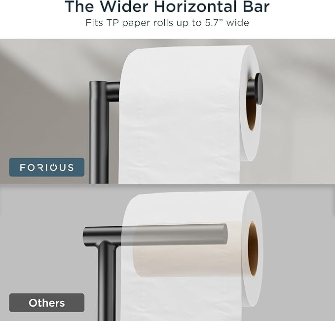 FORIOUS Toilet Paper Holder Stand with Storage for 4 Rolls, Matte Black | Modern Freestanding SUS 304 Stainless Steel Bathroom Tissue Roll Organizer with Heavy Anti-Slip Weighted Base