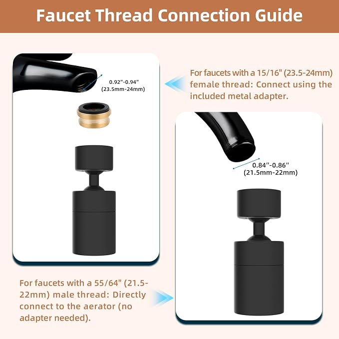 Hibbent Faucet Aerator, 360 Degree Kitchen Sink Faucet Aerator, Dual-function Swivel Big Angle Kitchen Faucet Attachment, Faucet Replacement Part, Matte Black