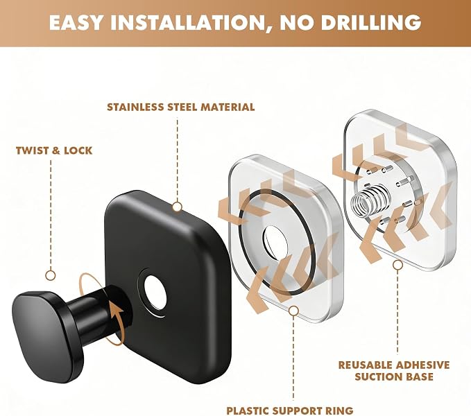 Suction Cup Hooks, 2 Pack Black No Drill Shower Towel Hook | Heavy-Duty Stainless Steel Suction Hook, Strong Hold, No-Drill, Reusable & Rustproof for Tile Glass Mirror Towels Bath