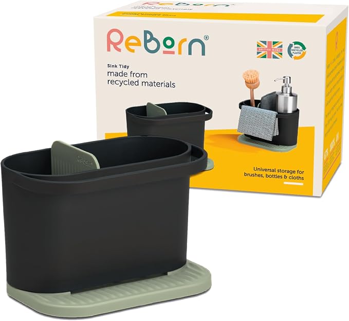 ReBorn Recycled Sink Organizer, Kitchen Sink Organizer, Two Main Compartments, Integrated Dish Cloth Rail, Ribbed and Sloped Base for Draining, Would Made in UK (Sage Green & Charcoal Grey)