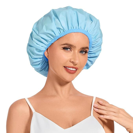 Shower Cap for Women Waterproof Reusable, Large Shower Cap Non-Slip with Elastic Band, Washable Bath Hair Hat for Long Hair, Braids (Light Blue)