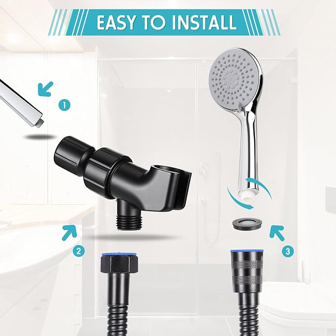 Mimorou 79 Inch Stainless Steel Shower Hose with Adjustable Arm Holder Shower Head Adjustable Replacement Hose Head Holder for Wall (Stylish Style, Black)