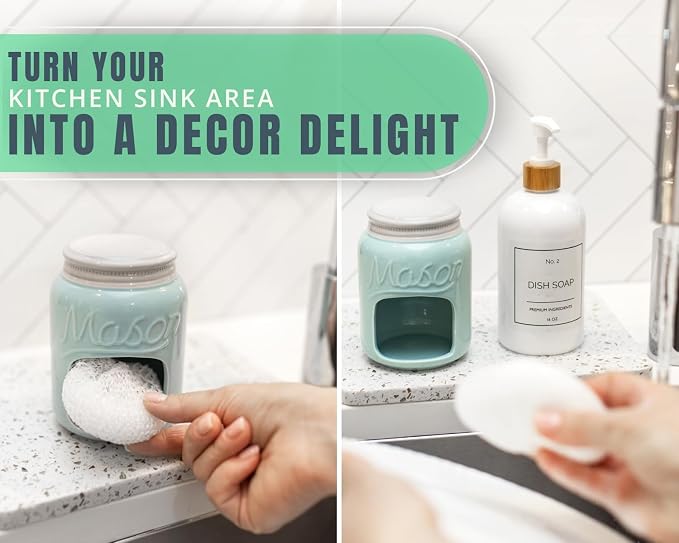 Comfify Aqua Blue Mason Jar Ceramic Sponge Holder – Farmhouse Sink Caddy | Aqua Blue; mason jar ceramic; 5"H x 3.75" diameter; includes nylon scrubby; embossed 'MASON'; decorative lid; farmhouse