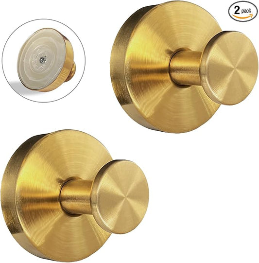 Suction Cup Hooks for Shower - 2 Pack, Gold - Stainless Steel, Strong Suction, No Drill, Removable Hanger, Tile Bathroom Kitchen Wall, Glass Door, Mirror Hook Hanging Robe, Towel Holder