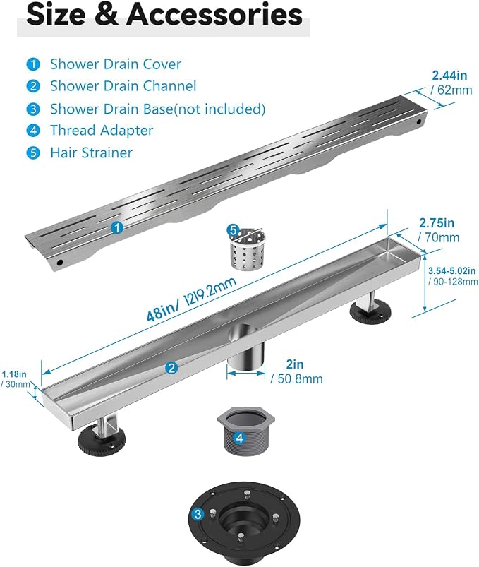 Shower Drain Stainless Steel for Bathroom: Brushed Nickel Linear Shower Drain 48 Inch with Removable Brick Pattern Grate - Adjustable Rectangular Shower Floor Drain with Hair Strainer