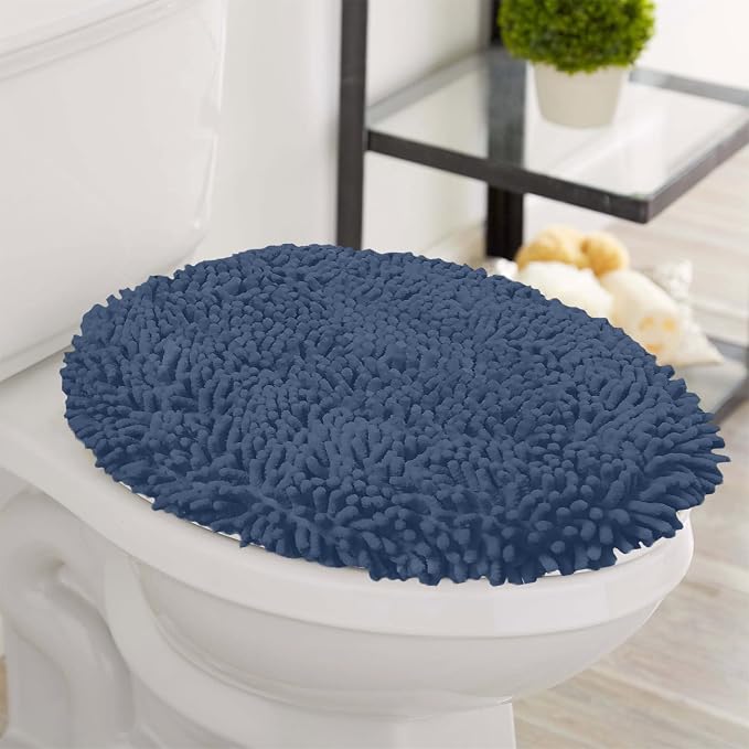 LuxUrux Toilet Lid Cover with Stretch Fit Elastic Band – Chenille Microfiber Toilet Seat Non-Slip Cover for Bathroom – Soft Plush, Machine Wash And Dry, Comfort & Clean Look (18 x 18'', Medium Blue)