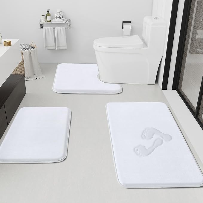 Bathroom Rugs Sets 3 Piece, Non-Slip & Quick Dry Bath Mat Set, Ultra Soft Velvet Bath Rugs for Bathroom, Toilet and Shower Floor, White