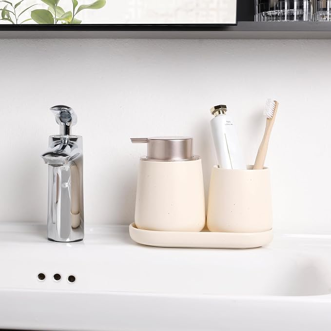 BosilunLife Ceramic Bathroom Accessories Set 3 Pcs | Foaming Soap Dispenser and Toothbrush Holder with Tray, Modern Farmhouse Vanity Decor, Apricot Housewarming Gift