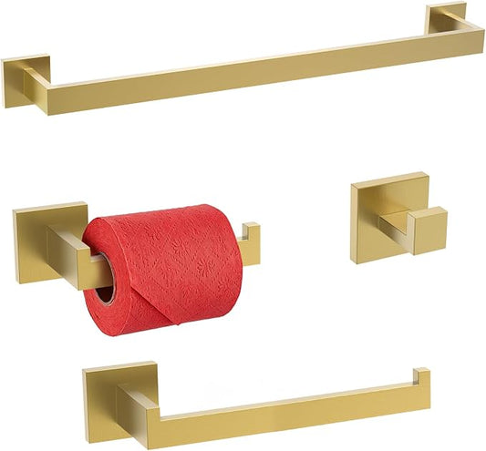 TURS Brushed Gold Bathroom Accessory Set 4-Pieces Bathroom Hardware Set Square Towel Bar Set Stainless Steel Towel Holder Set