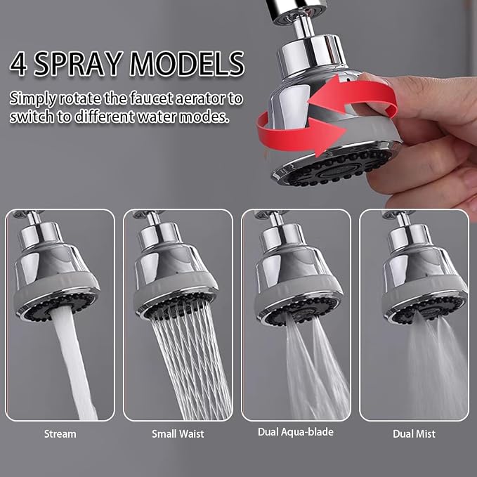 Faucet Aerator Faucet Sprayer Attachment, Kitchen Faucet Head Replacement with 4 Spray Modes, 360° Swivel Faucet Extender Anti-Splash Sink Sprayer Faucet Nozzle Head (Smooth, Silver)