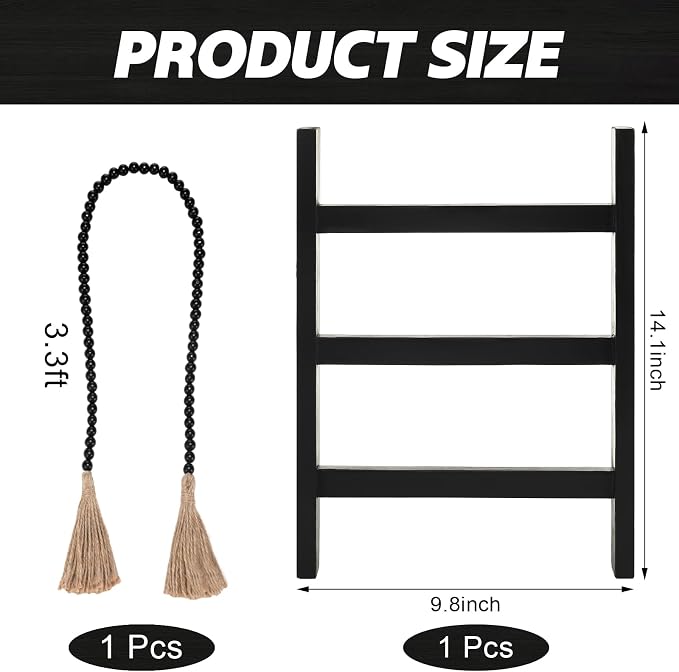 AceOrbit 2 Pcs 14'' Tea Towel Ladder with 3.3 ft Vintage Wood Bead Garland Small Decorative Ladder Hand Towel Stand Mini Blanket Holder Rack Kitchen Counter Farmhouse Rustic Bathroom Decor(Black)