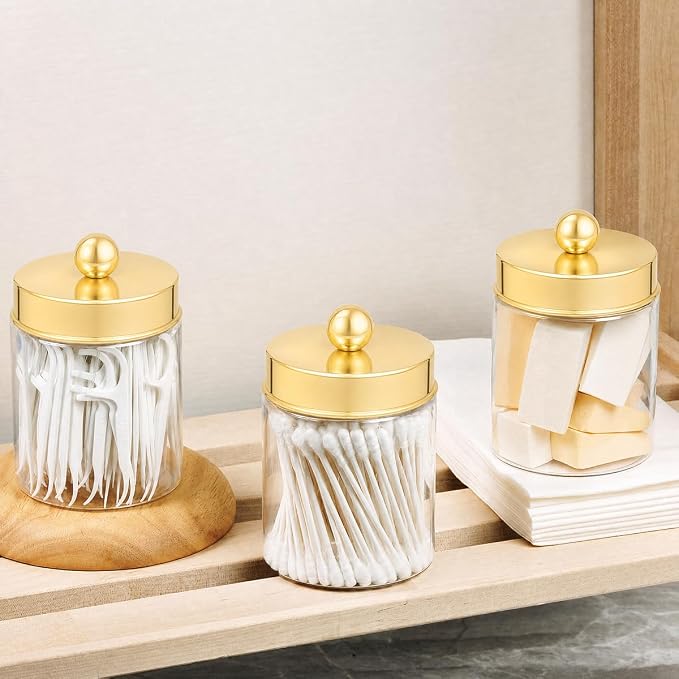 Amolliar Acrylic Apothecary Jar Bathroom Qtip Holder Gold 6 Pack | for Bathroom Storage Vanity , Countertop, Farmhouse Style, Holds Cotton Swabs, Dental Floss, Makeup Sponges,Gold Decor