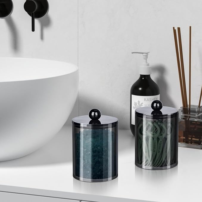6 Pcs Acrylic Qtip Holder, Cotton Ball Holder Jars with Lids, Black | Apothecary Jars for Cotton Swabs, Balls, Pads and Floss Picks, Bathroom Vanity Organizer
