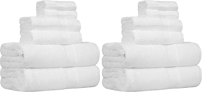 Amazon Basics 6-Piece Oversized Highly Absorbent Fade-Resistant Towel Set, 100% Cotton Towels for Bathroom, Soft, 2 Bath Towels, 2 Hand Towels, 2 Washcloths, White (Pack of 2)