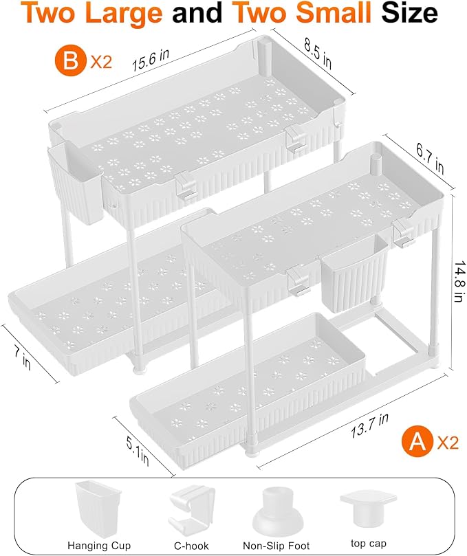 Sevenblue Under Sink Organizer, Bathroom Organizers and Storage, 2 Tier Multi-Use Pull Out Cabinet Organizer with Hang Hooks and Cups (White, 14.8 Inch)