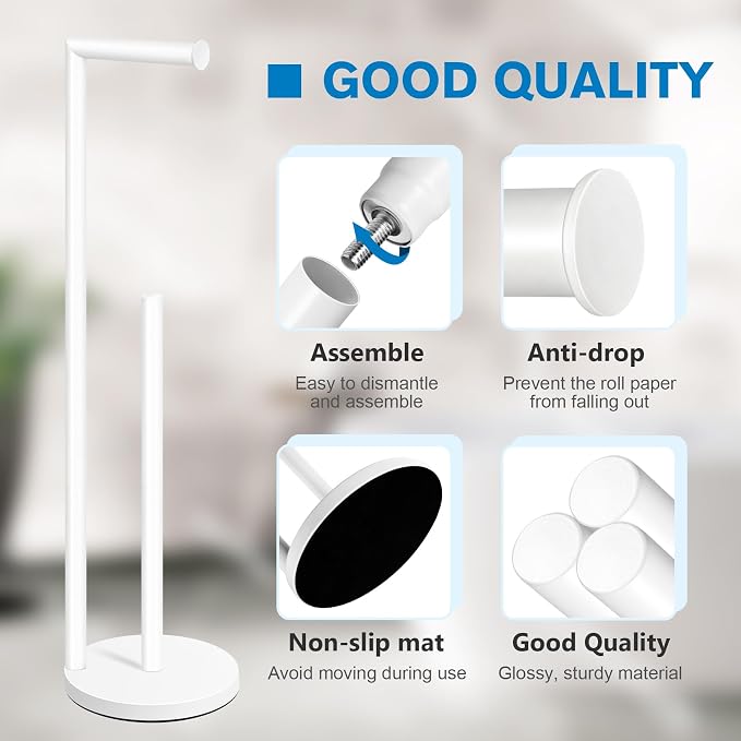 Toilet Paper Holder Stand, White Toilet Paper Holder Free Standing | Toilet Paper Holder for 4 Rolls, Bathroom Organizers and Storage with Anti-Slip Base and Rustproof