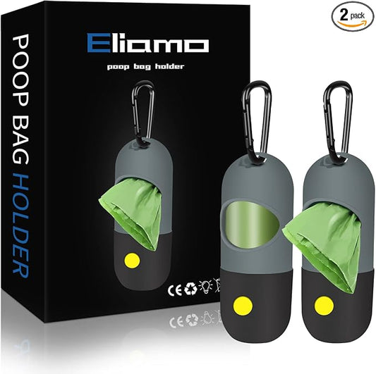 2 Pack Dog Poop Bag Dispenser with Built-in LED Flashlight, Pet Waste Bag Holder for Leash with Carabiner Clip for Lead Leash, 2 Rolls Leak-proof Doggy Waste Bags for Dog Walking, Grey