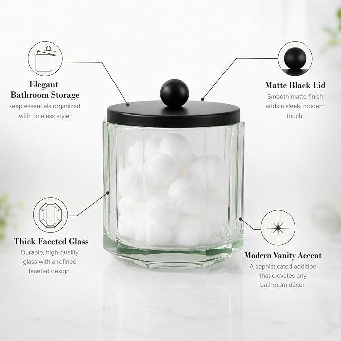 Sage Green Translucent Apothecary Octagional Shaped Glass Canister Jar With Black Metal Lid Cover for Bathroom Organization, Cotton Balls, Q Tips, and Small Accessories, Bathroom Storage