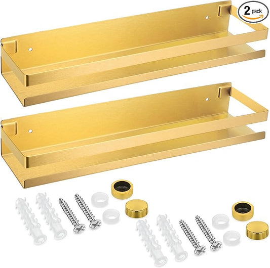 Lallisa 2 Pieces Stainless Steel Shelf Bathroom Shower Floating Shelves Wall Mounted Shower Caddy Basket Shelf Storage Organizer Shelves for Bathroom, Kitchen, Living Room(15.75 Inch/ 40 cm,Gold)