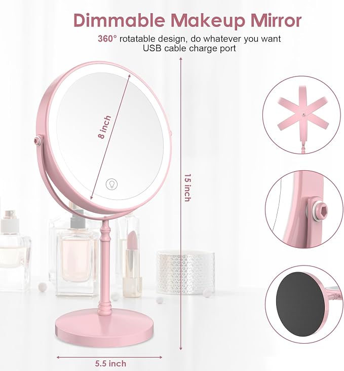 DEIOVWXS Makeup Mirror, Rechargeable Vanity Mirror with 3 Lights, 1X/10X | Adjustable Brightness, 3000mAh, Double-Sided, Gift for Mom, Women, Wife, Girls, Dorm Room Essential