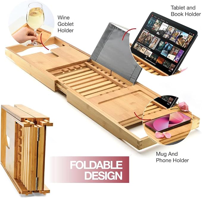 Luxury Foldable Bathtub Tray Caddy - Waterproof Wood Bath Tray for Tub, Expandable Size Fits Most Tubs, Bathroom Accessories for New Home & Mothers, Birthday Gifts for Mom