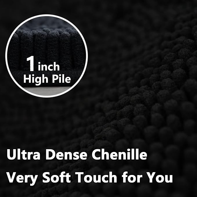 Bathroom Rugs Sets 2 Piece, Extra Soft Chenille Bath Mat Ultra Absorbent Bathroom Rug, Bathroom Mat with Sturdy PVC Non-Slip Bottom, Machine Washable Bath Rugs (20x32 Inch + 16x24 Inch, Black)