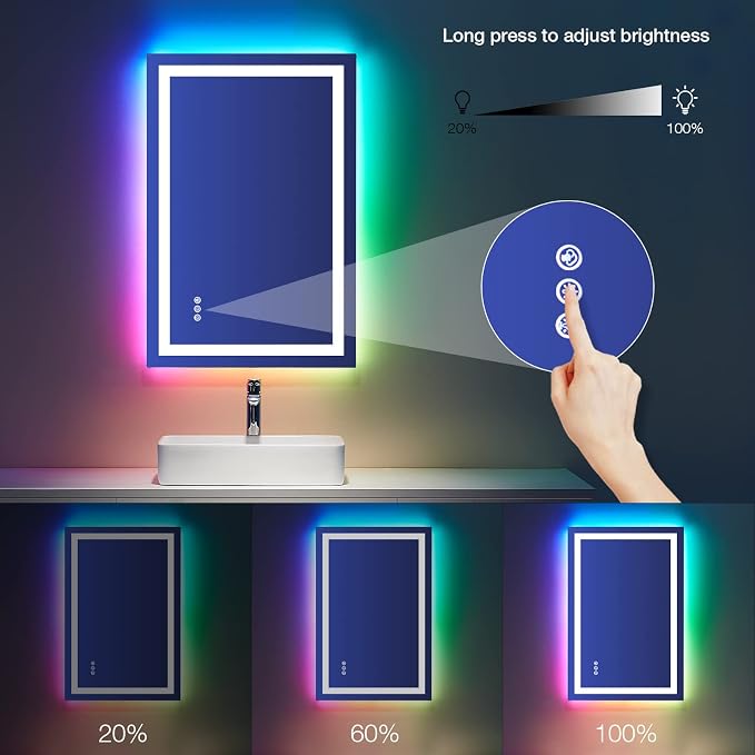 LOAAO 24"X36" RGB LED Bathroom Mirror with Lights, UL Listed | Anti-Fog, Dimmable, RGB Backlit + Front Lighted, Memory Function, Tempered Glass