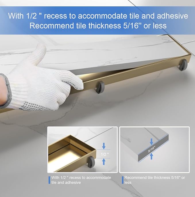 36-Inch Linear Shower Drain with Tile Insert Grate, SUS 304 Stainless Steel Linear Drain, Brushed Gold Long Rectangle Shower Floor Drain with Leveling Feet, Hair Strainer, Fits Bathroom